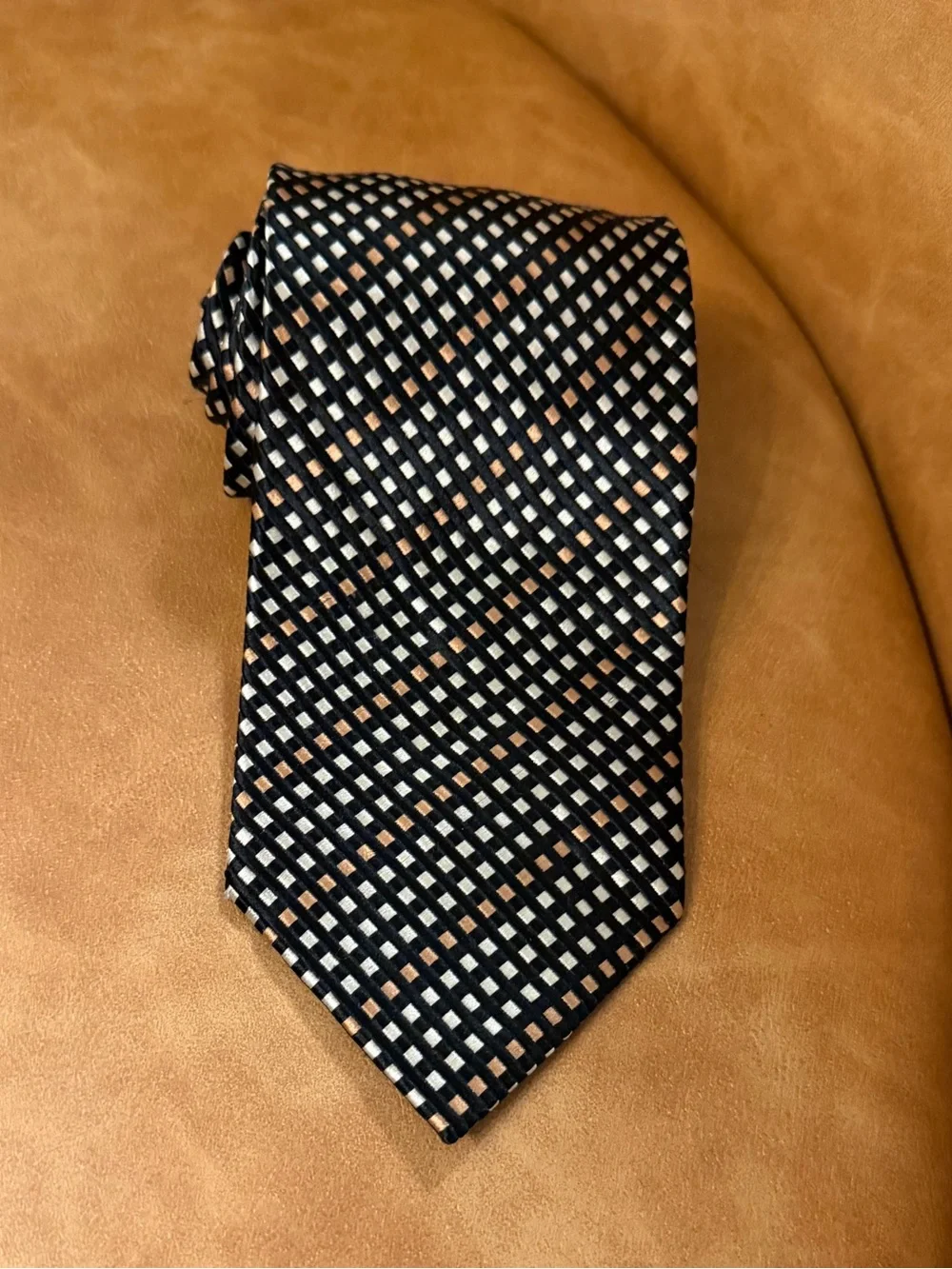 Valerio Garati Pure Silk Handmade Tie in Black, Cream & Tan Grid Pattern